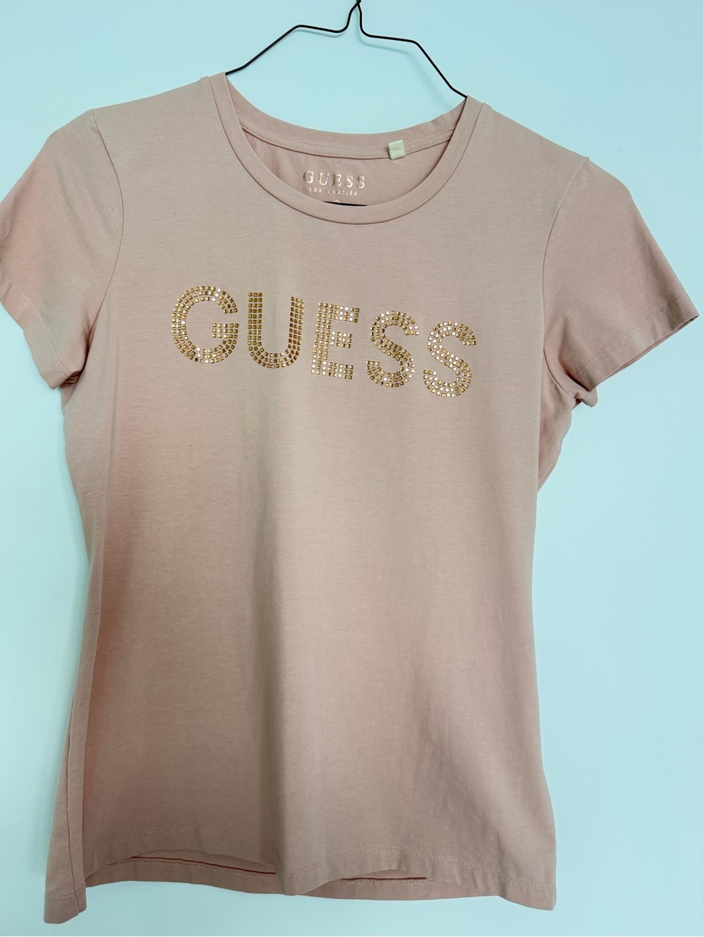GUESS Blush Pink Short-Sleeve Tee with Gold Rhinestone Logo